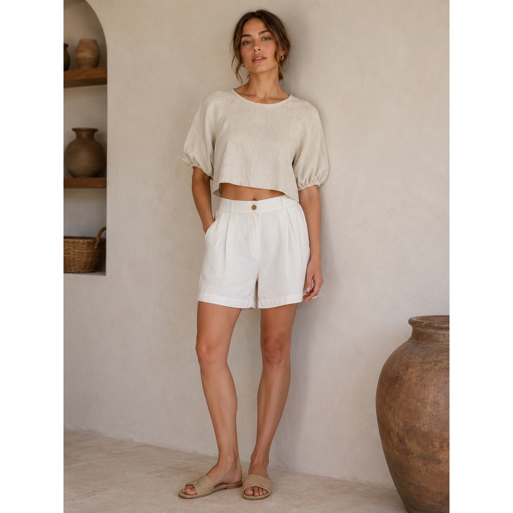 2/$30 House of Harlow Blouse Top Sz S Beige Puff Sleeve‎ Linen Blend Cropped